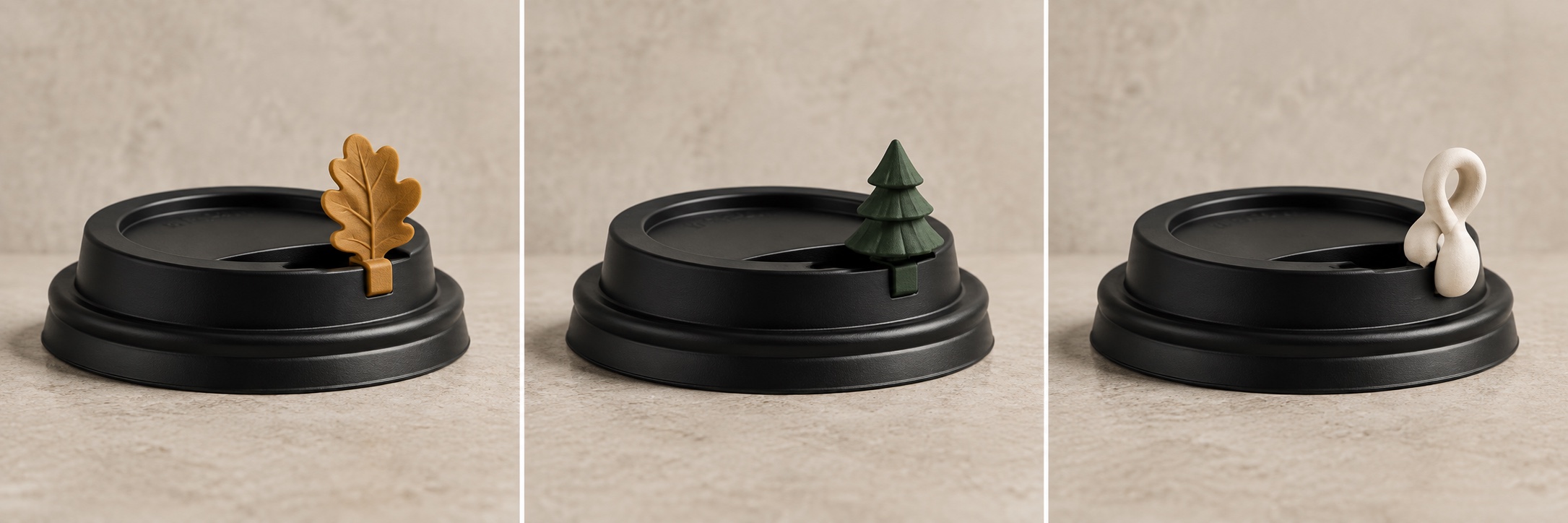 Herfstbladfiguurtje op een zwart koffiedeksel